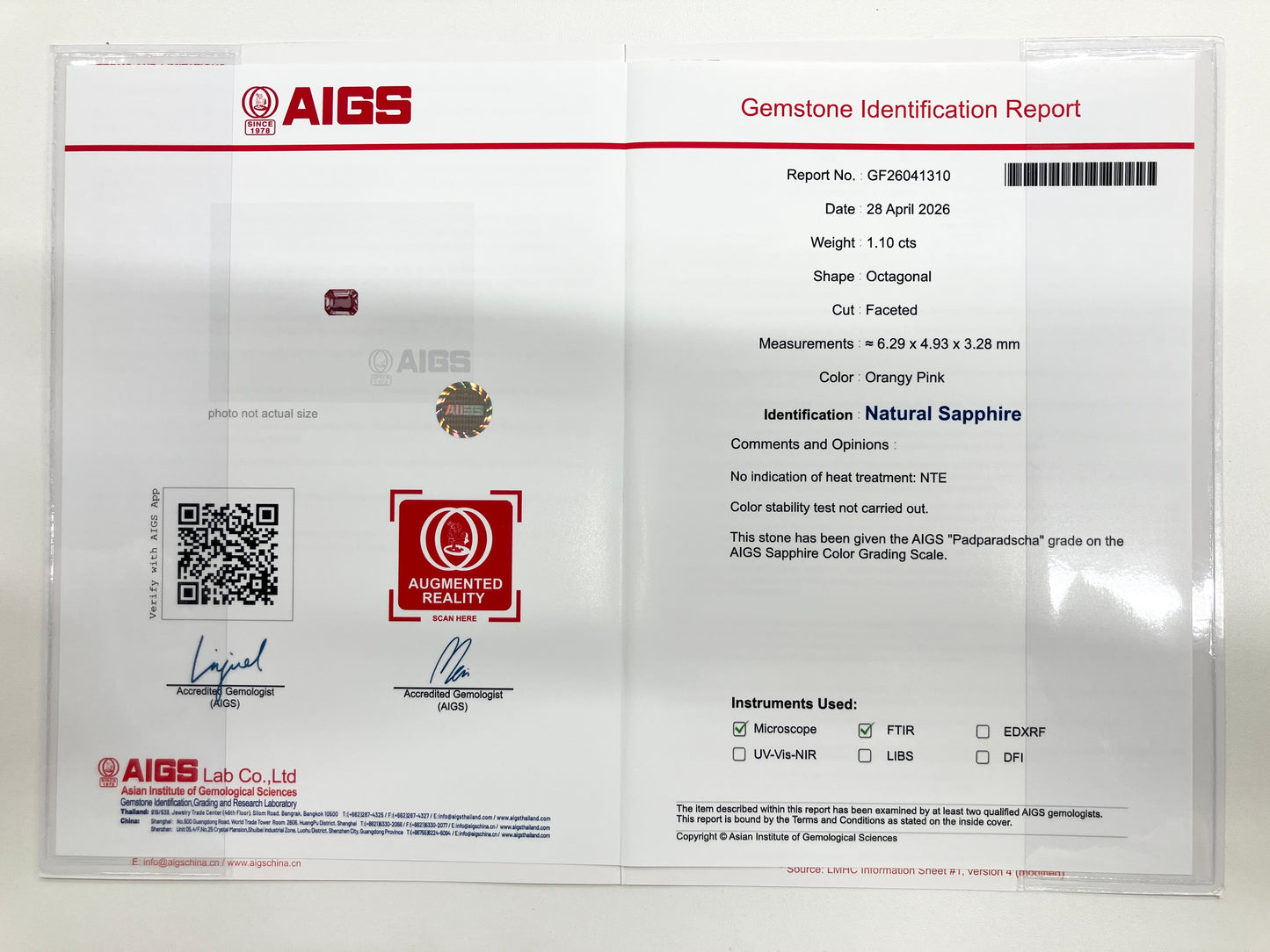 パパラチアサファイア 1.10ct  非加熱 NoHeat AIGS鑑別書 D0.47ct PT900 5.9g 指輪 （JP12号） サイズ直し無料 9175SS