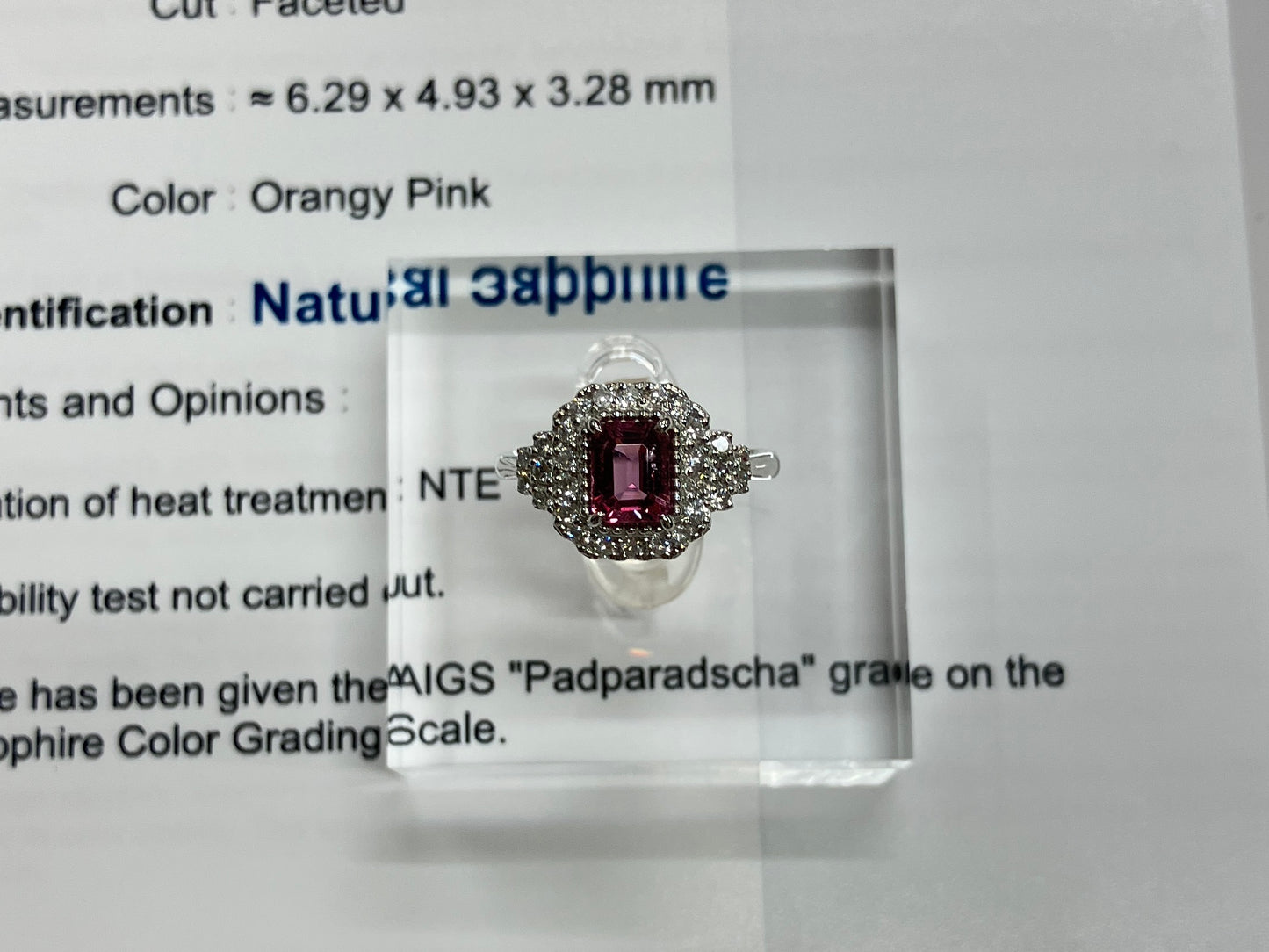 パパラチアサファイア 1.10ct  非加熱 NoHeat AIGS鑑別書 D0.47ct PT900 5.9g 指輪 （JP12号） サイズ直し無料 9175SS