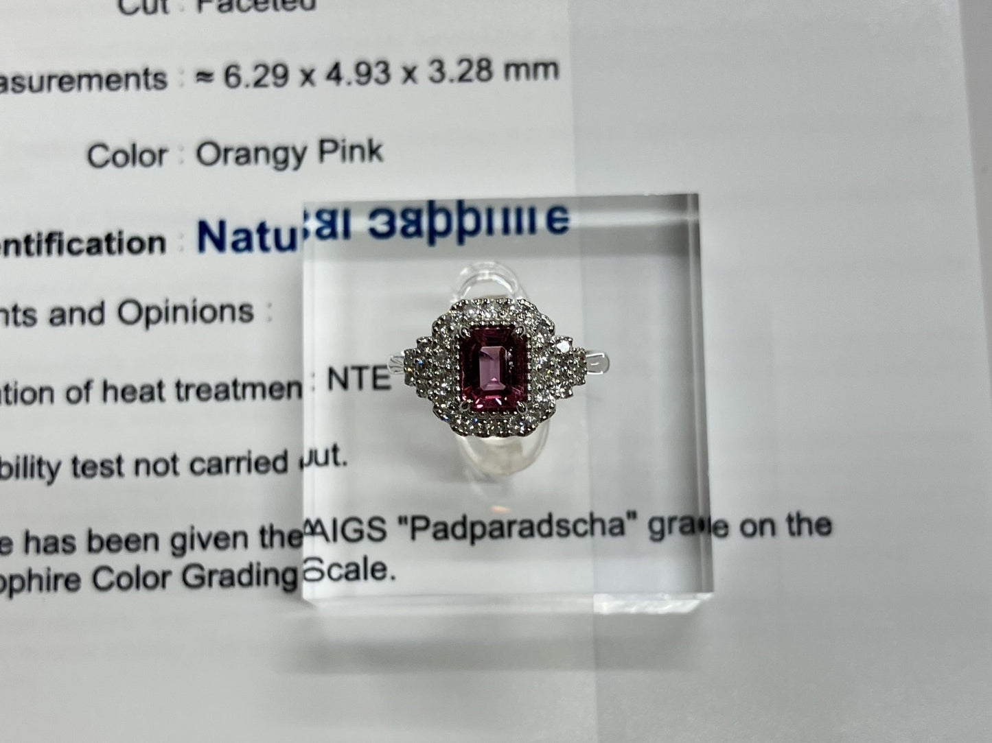 パパラチアサファイア 1.10ct 非加熱 NoHeat AIGS鑑別書 D0.47ct PT900 5.9g 指輪 （JP12号） サイズ直し無料 9175SS