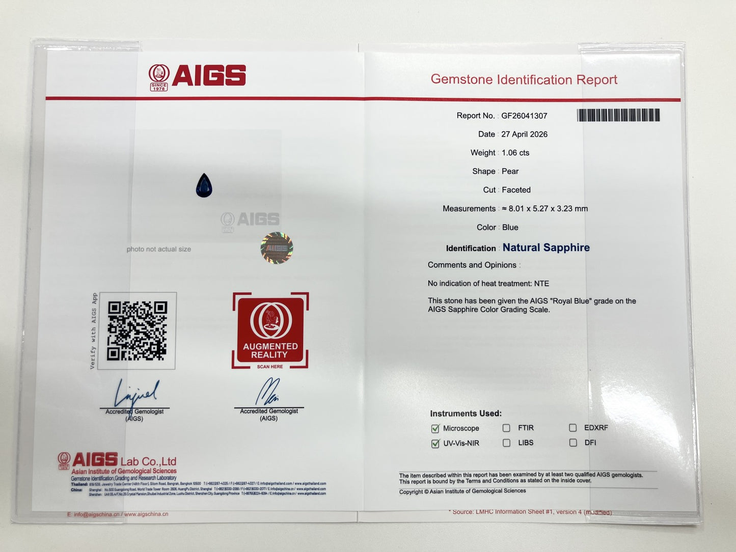 サファイア 1.06ct ロイヤルブルー royal blue 非加熱 NoHeat AIGS鑑別書 D0.45ct PT900 4.4g 指輪 （JP14号） サイズ直し無料 9172ST