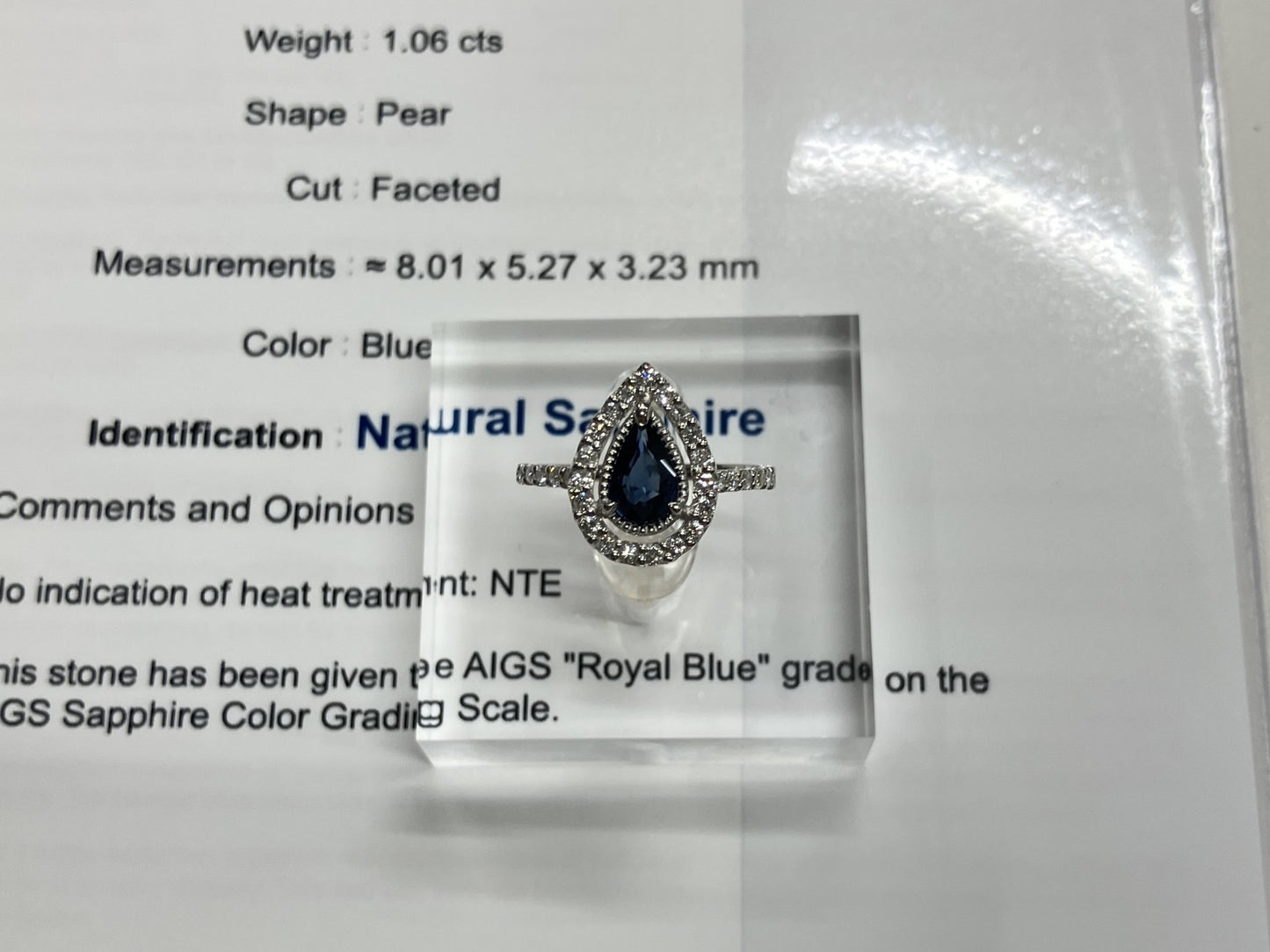 サファイア 1.06ct ロイヤルブルー royal blue 非加熱 NoHeat AIGS鑑別書 D0.45ct PT900 4.4g 指輪 （JP14号） サイズ直し無料 9172ST