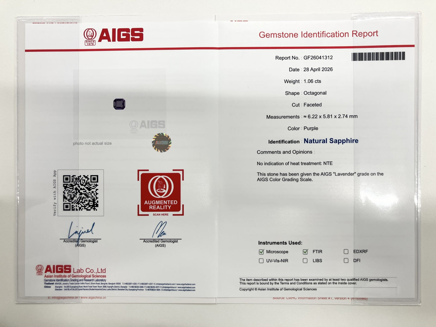 サファイア 1.06t ラベンダー Lavender 非加熱 NoHeat AIGS鑑別書 D0.47ct PT900 5.85g 指輪 （JP12号） サイズ直し無料 9177SS