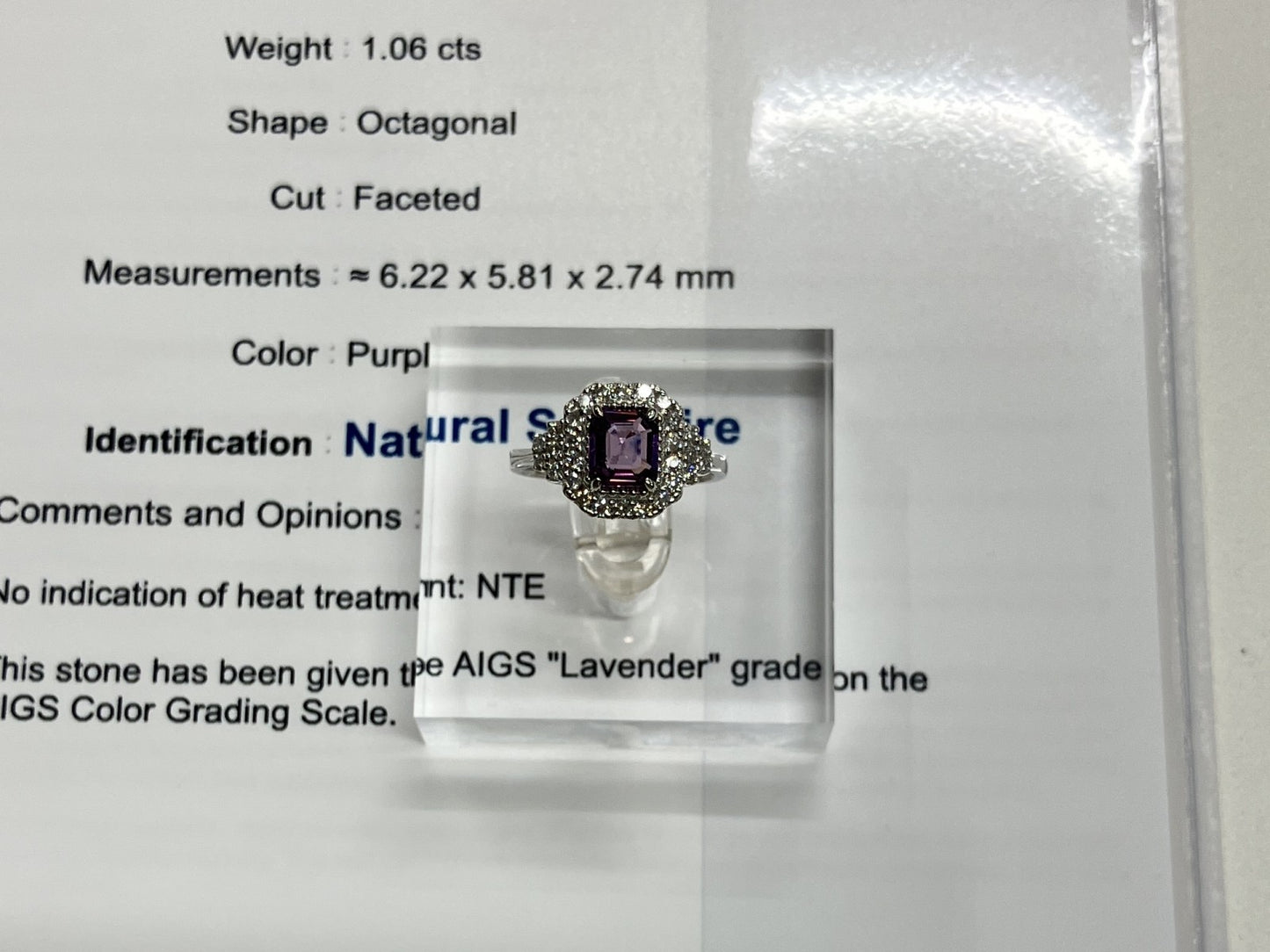 サファイア 1.06t ラベンダー Lavender 非加熱 NoHeat AIGS鑑別書 D0.47ct PT900 5.85g 指輪 （JP12号） サイズ直し無料 9177SS