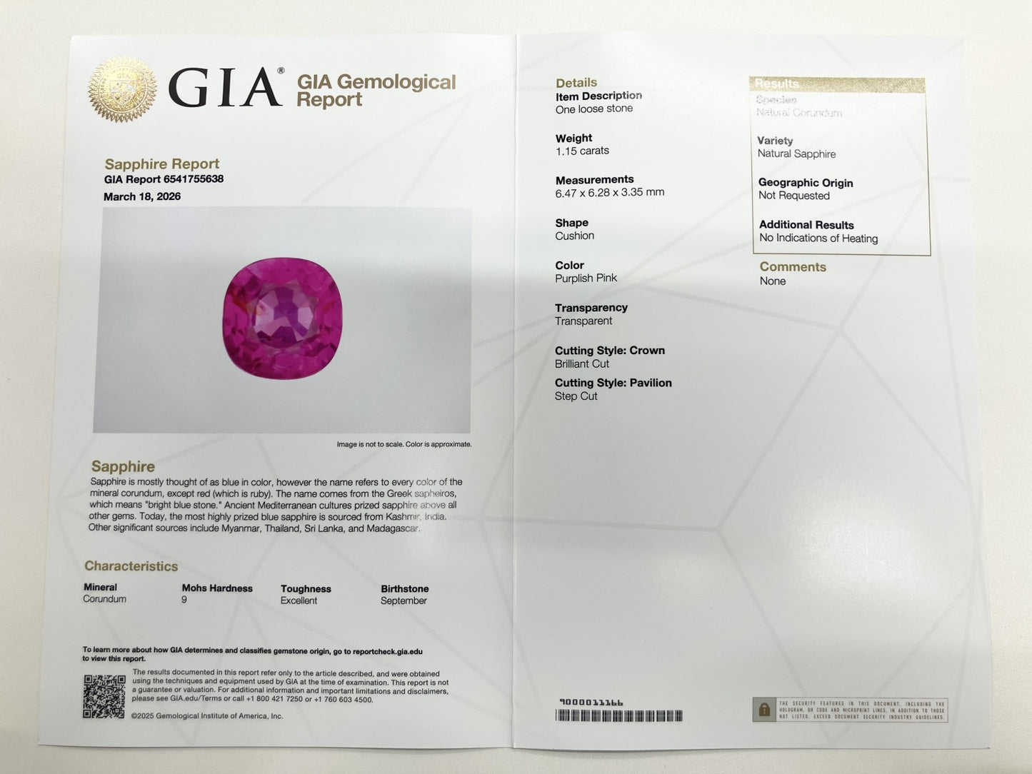 サファイア 1.15ct 非加熱　NoHeat GIA鑑別書 D0.89ct PT900 5.76g 指輪 （JP14号） サイズ直し無料 8469SS