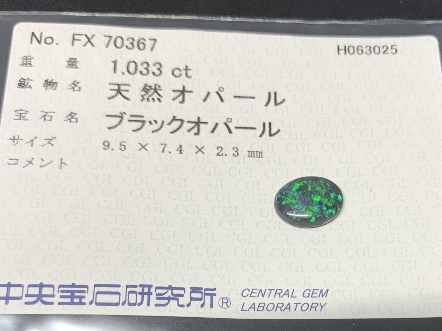ブラックオパール 天然 1.033ct 中央宝石ソーティング付き 9.5㎜×7.4㎜×2.3㎜ ルース（ 裸石 ） 5655Y