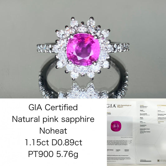 サファイア 1.15ct 非加熱　NoHeat GIA鑑別書 D0.89ct PT900 5.76g 指輪 （JP14号） サイズ直し無料 8469SS
