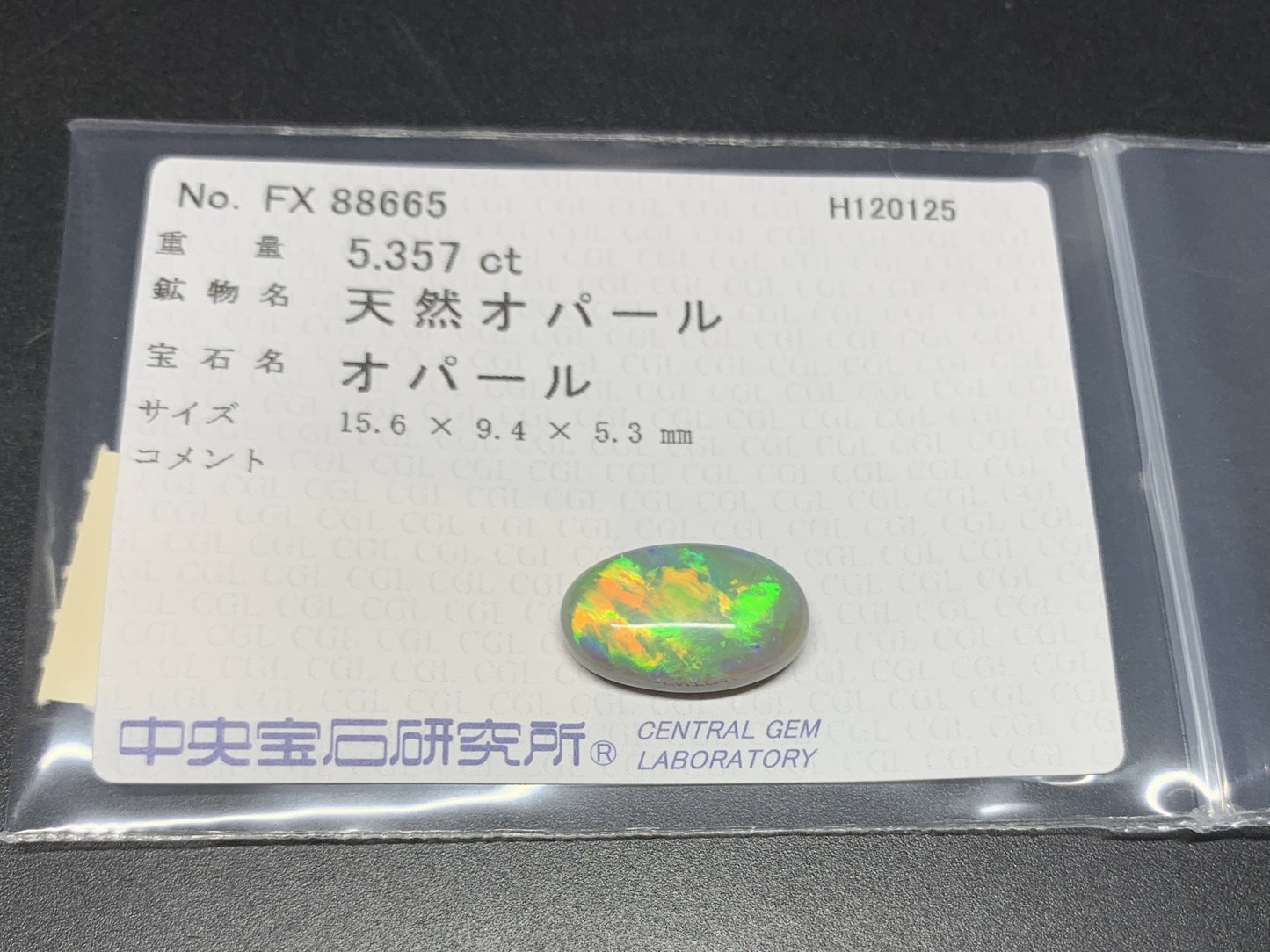 オパール 天然 5.357ct 中央宝石ソーティング付き 15.6㎜×9.4㎜×5.3㎜ ルース（ 裸石 ） 7538Y