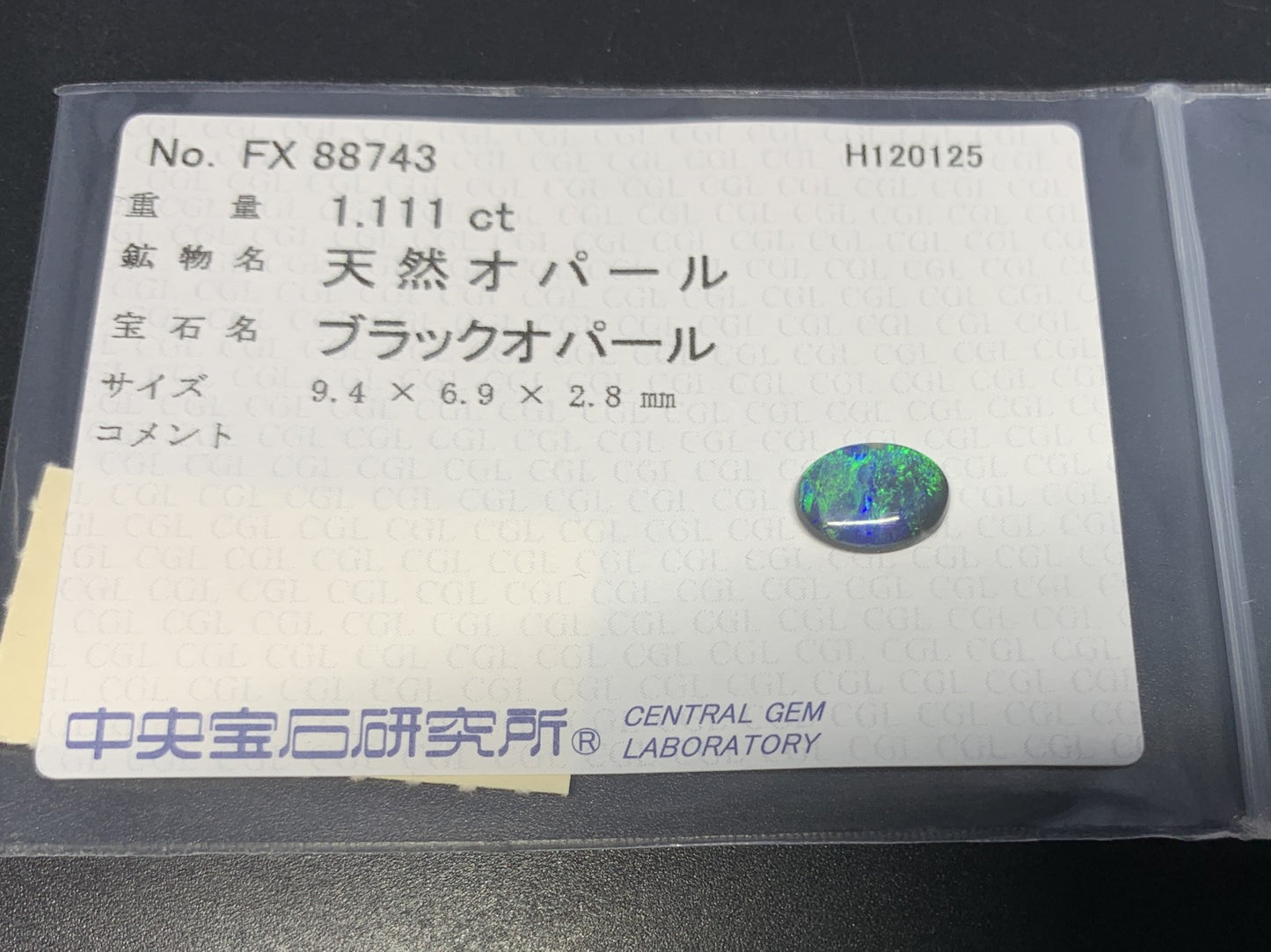 ブラックオパール 天然 1.111ct 中央宝石ソーティング付き 9.4㎜×6.9㎜×2.8㎜ ルース（ 裸石 ） 7559Y