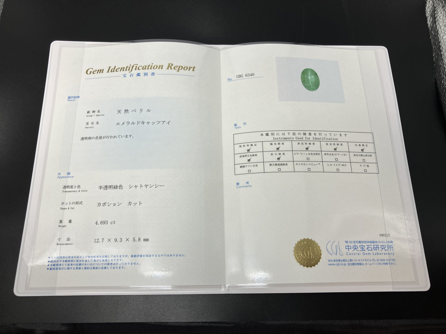 エメラルドキャッツアイ 天然 4.693ct 中央宝石鑑別書付き 12.7㎜×9.3㎜×5.8㎜ ルース（ 裸石 ） 6643YY