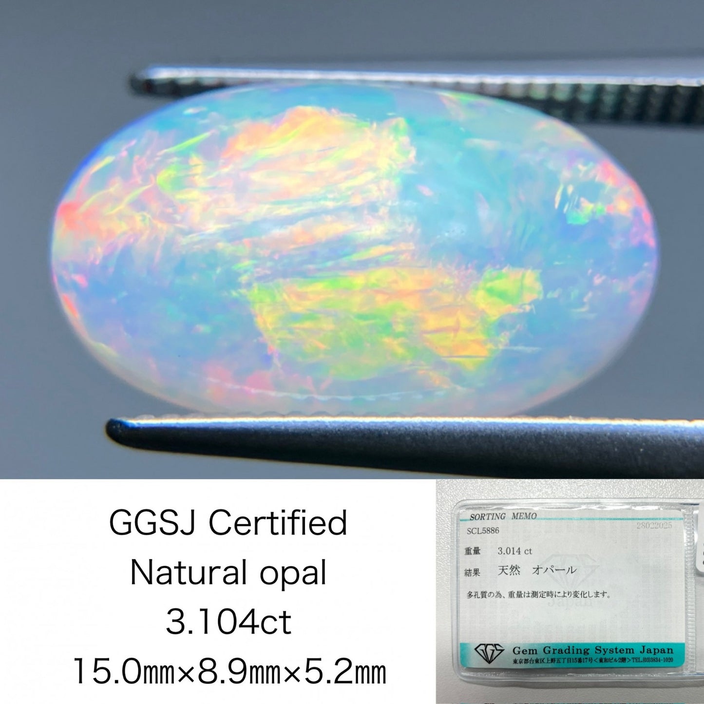 オパール 3.104ct 宝石ソーティング付き 15.0㎜×8.9㎜×5.2㎜ ルース（ 裸石 ） 4324S
