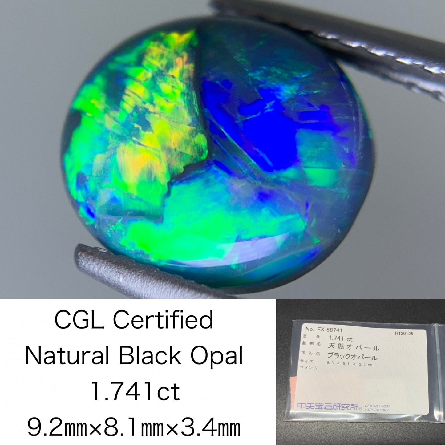 ブラックオパール 天然 1.741ct 中央宝石ソーティング付き 9.2㎜×8.1㎜×3.4㎜ ルース（ 裸石 ） 7546Y