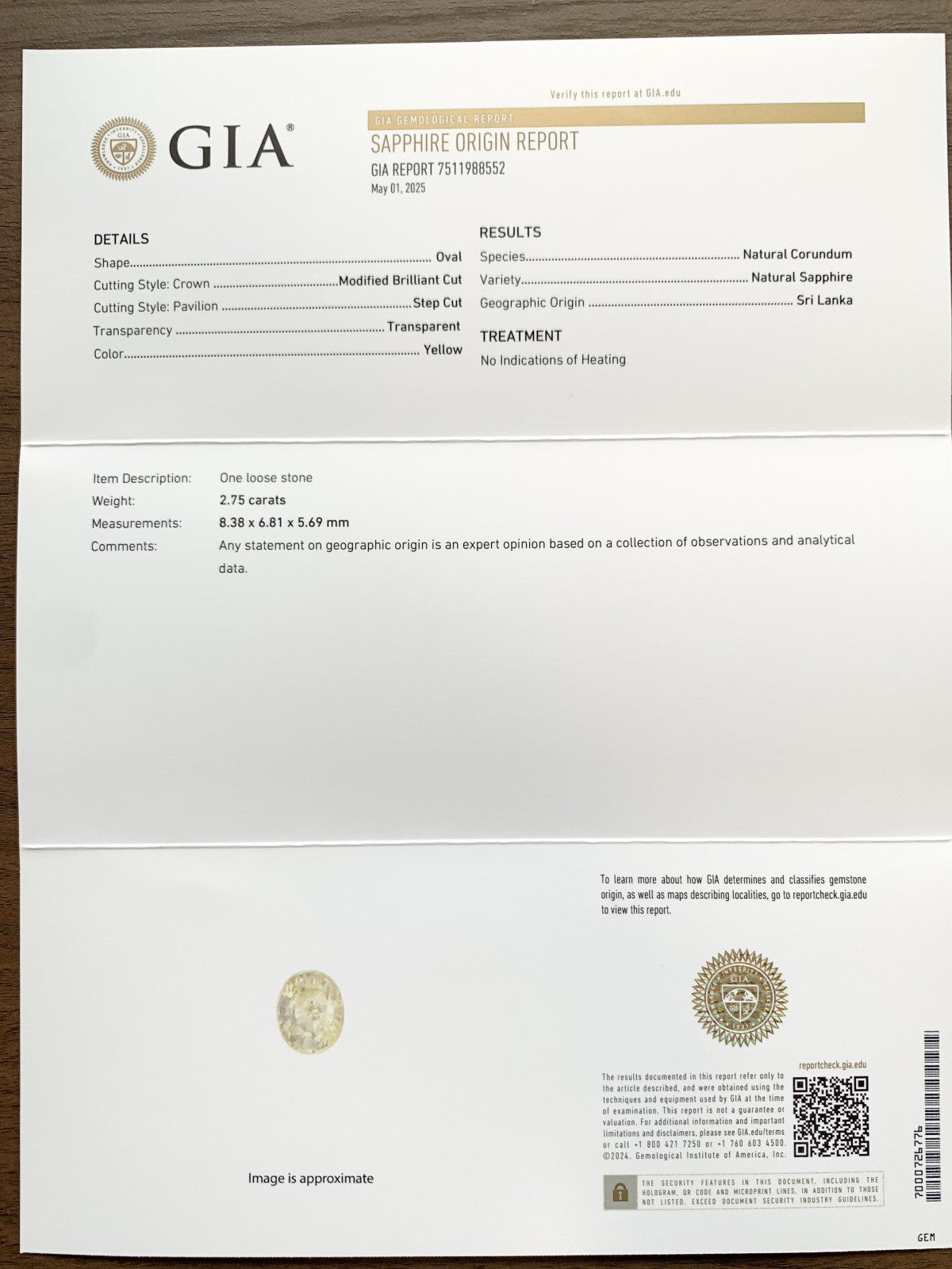 サファイア 2.75ct  GIA宝石鑑別書付き  No Heat Sri Lanka 8.38㎜×6.81㎜×5.69㎜   天然 ルース（ 裸石 ）   4882Y