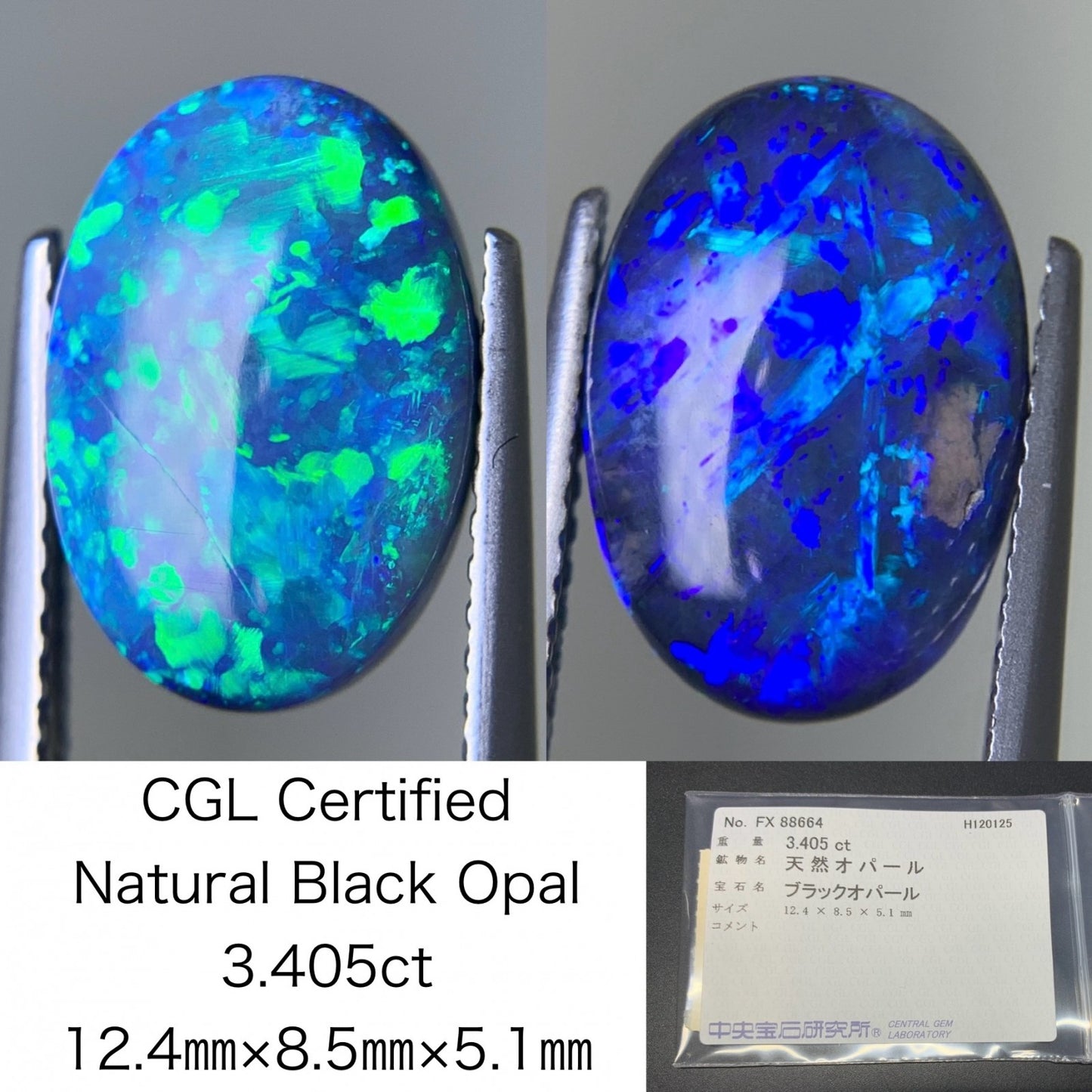 ブラックオパール(両面遊色) 天然 3.405ct カン有り 中央宝石ソーティング付き 12.4㎜×8.5㎜×5.1㎜ ルース（ 裸石 ） 7547Y
