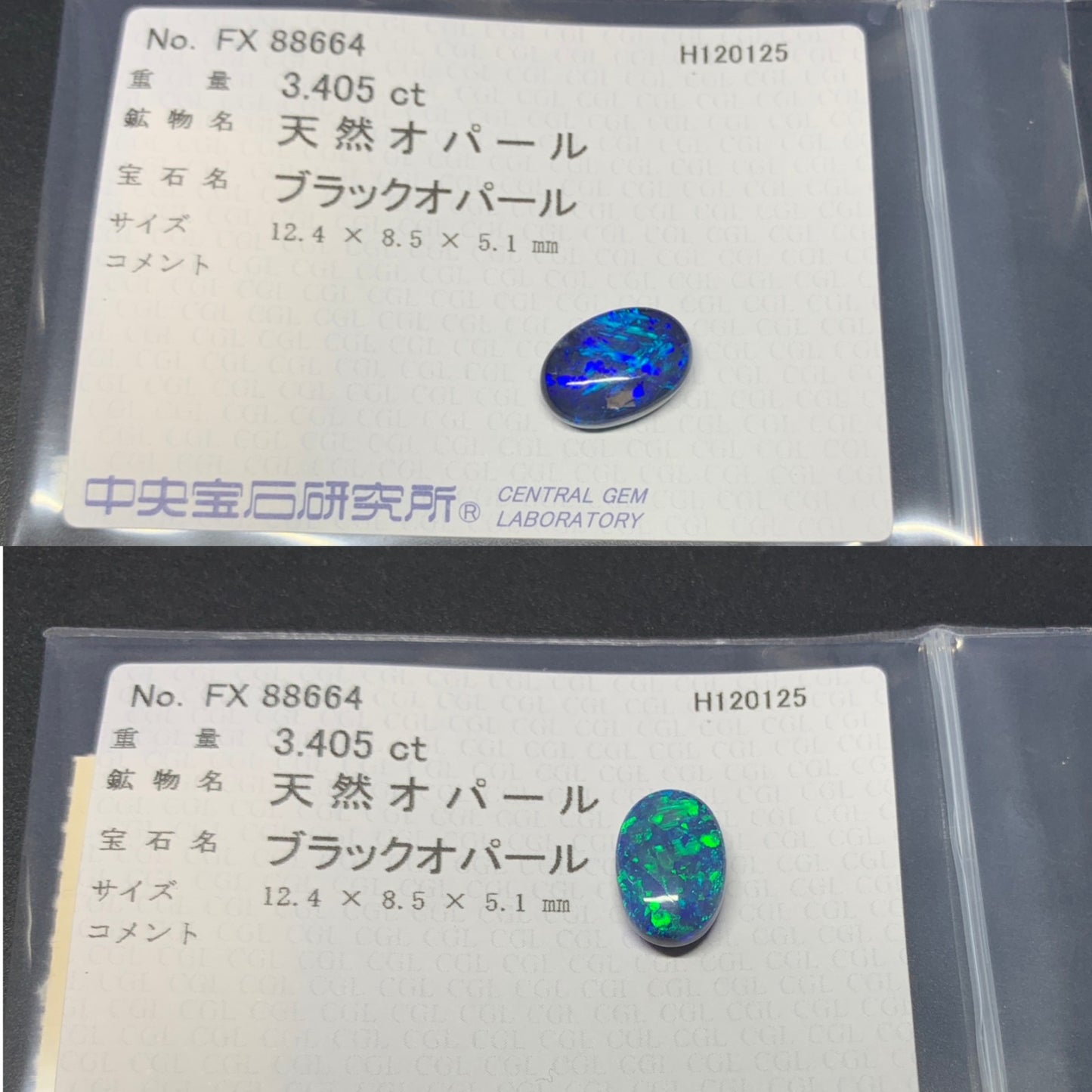 ブラックオパール(両面遊色) 天然 3.405ct カン有り 中央宝石ソーティング付き 12.4㎜×8.5㎜×5.1㎜ ルース（ 裸石 ） 7547Y