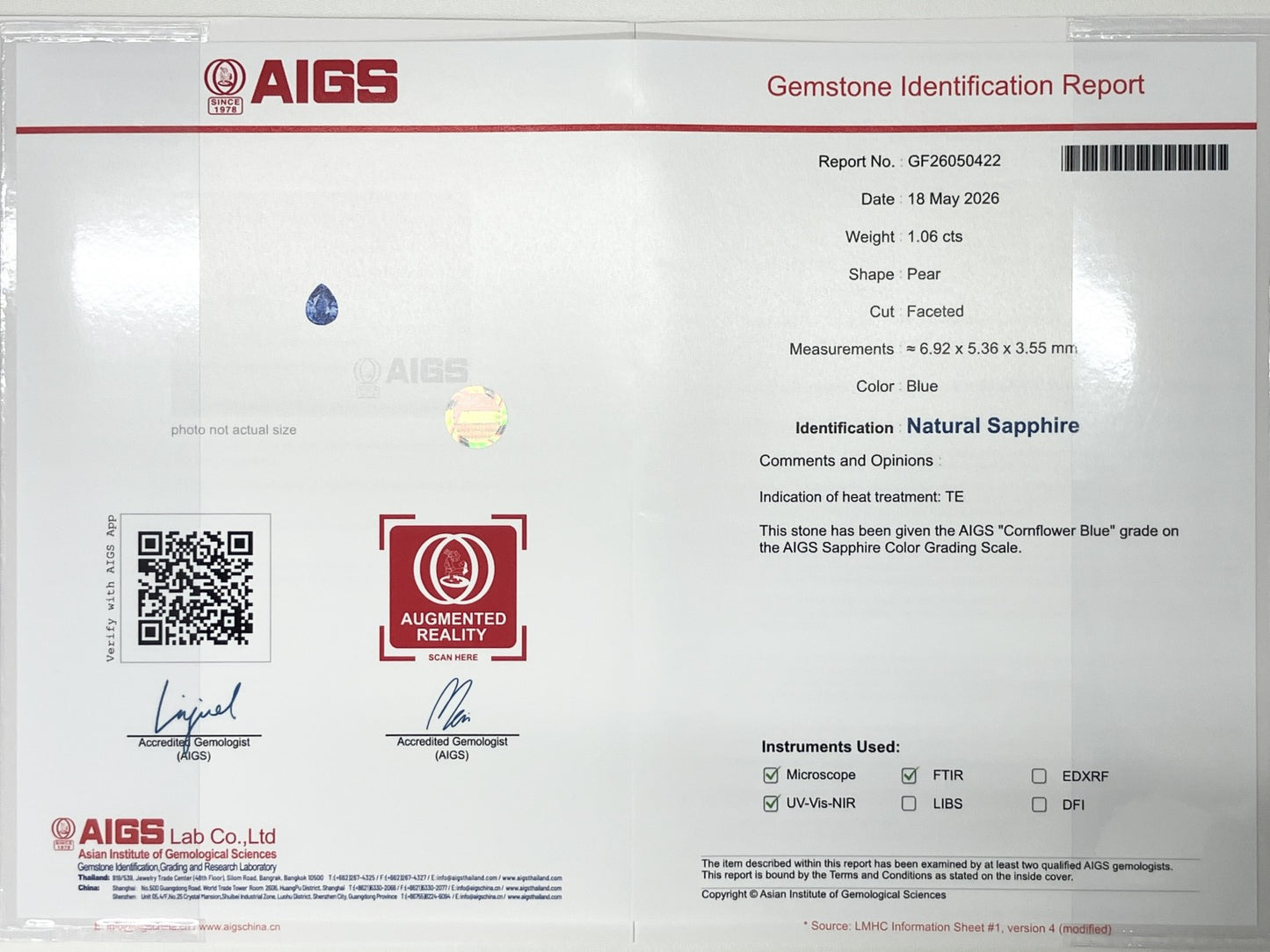 サファイア 1.06ct コンフラワーブルー Cornflower blue AIGS鑑別書 D0.70ct PT900 5.5g 指輪 （JP9号） サイズ直し無料 7865K