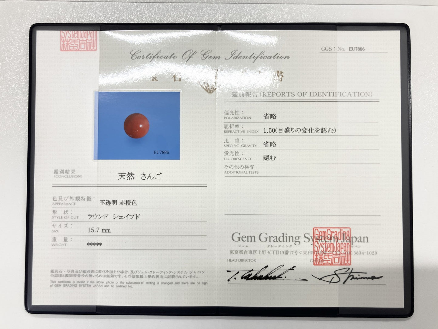 サンゴ　赤珊瑚　27.21ct 宝石鑑別書付き 15.7㎜ ルース（ 裸石 ） 4469S