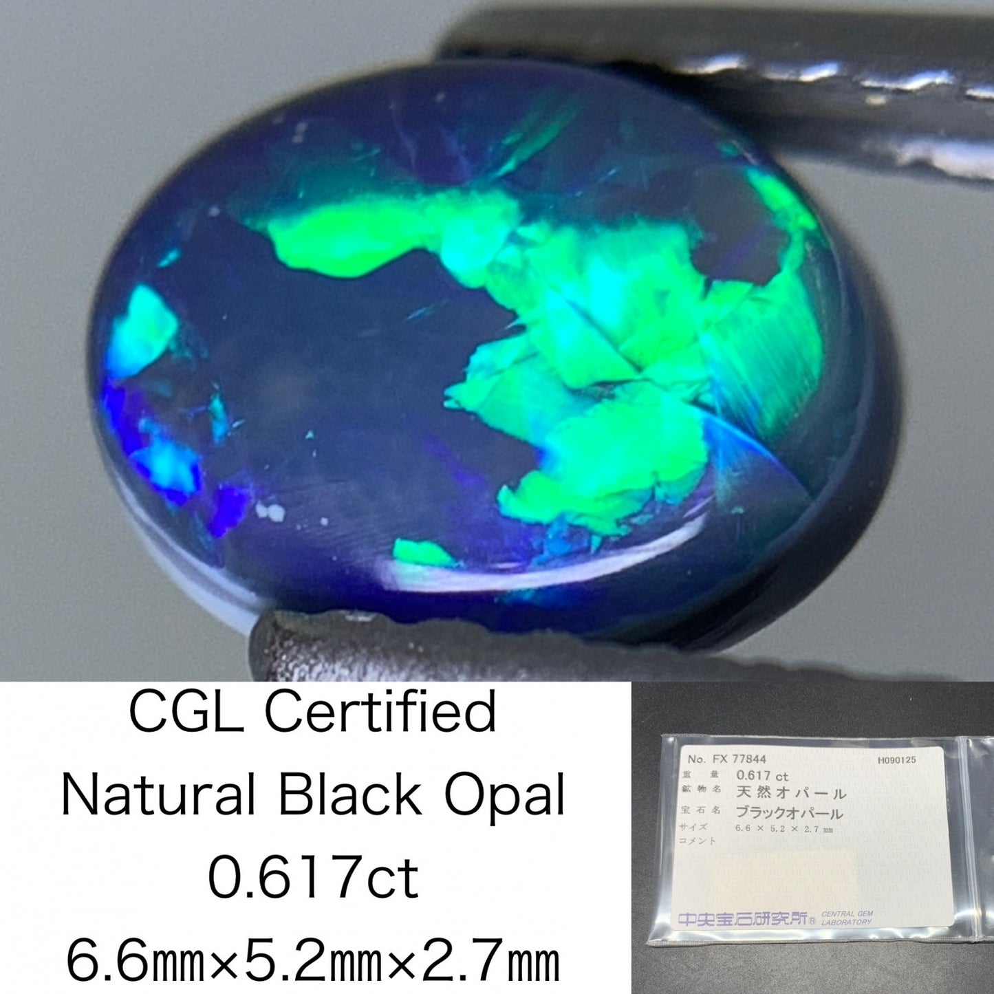 ブラックオパール 天然 0.617ct カン有り 中央宝石ソーティング付き 6.6㎜×5.2㎜×2.7㎜ ルース（ 裸石 ） 6657Y