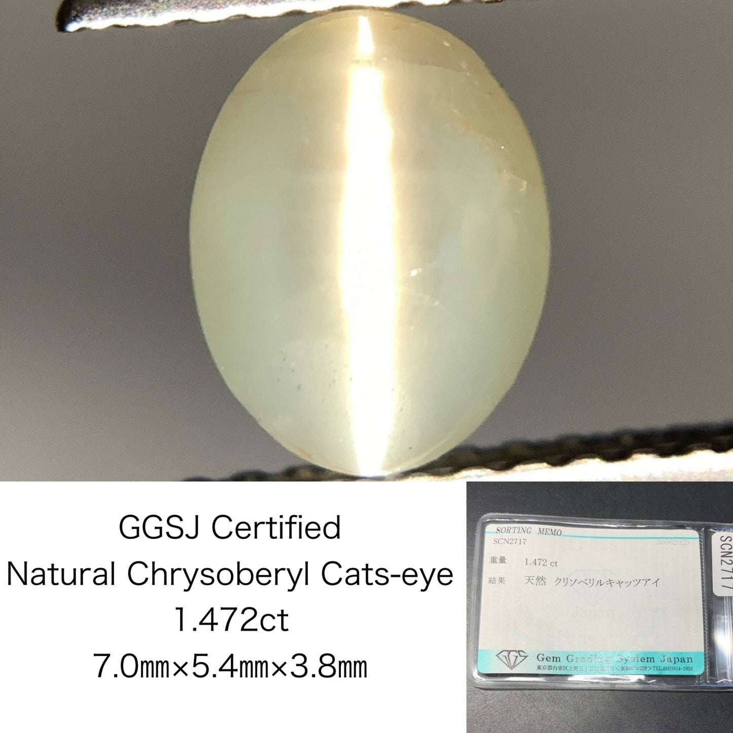 クリソベリルキャッツアイ 天然  1.472ct  宝石ソーティング付き  7.0㎜×5.4㎜×3.8㎜ ルース（ 裸石 ）  5847Y